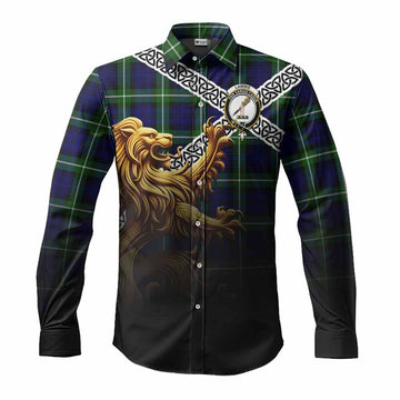 Lammie Crest Tartan Long Sleeve Button Shirt with Golden Lion Emblem Celtic Style Men's Shirt S - Tartan Vibes Clothing
