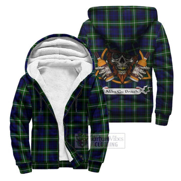 Lammie Tartan Sherpa Hoodie with Family Crest and Bearded Skull Holding Bottles of Whiskey Unisex S - Tartan Vibes Clothing