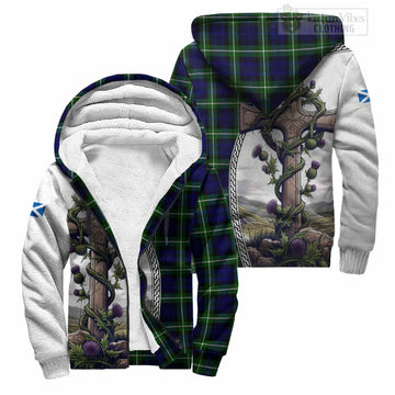 Lammie Tartan Sherpa Hoodie with Family Crest and St. Andrew's Cross Accented by Thistle Vines Unisex S - Tartan Vibes Clothing