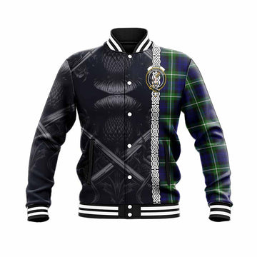 Lammie Tartan Baseball Jacket with Family Crest Cross Sword Thistle Celtic Vibes Unisex - Tartan Vibes Clothing