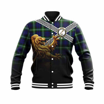 Tartan Vibes Clothing Lammie Crest Tartan Baseball Jacket with Golden Lion Emblem Celtic Style
