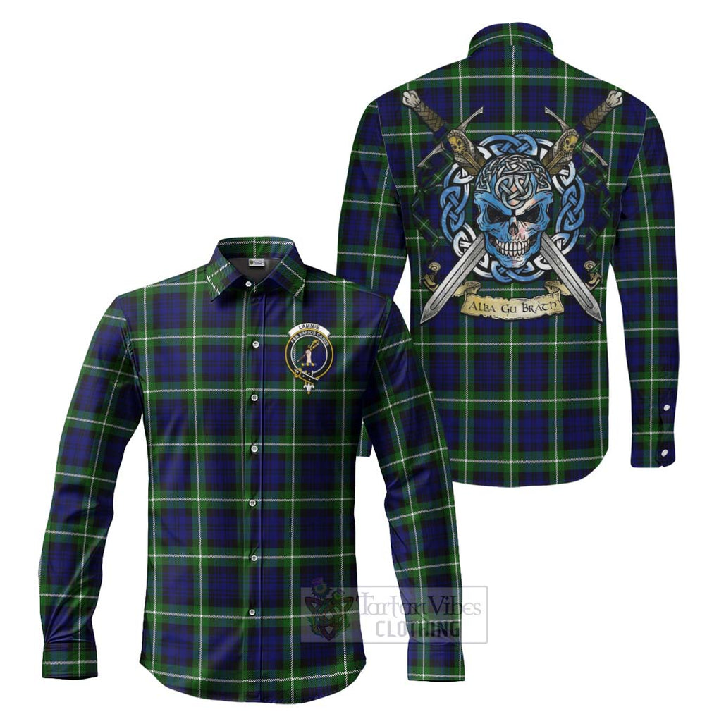 Lammie Tartan Long Sleeve Button Shirt with Family Crest Celtic Skull Style Men's Shirt S - Tartan Vibes Clothing