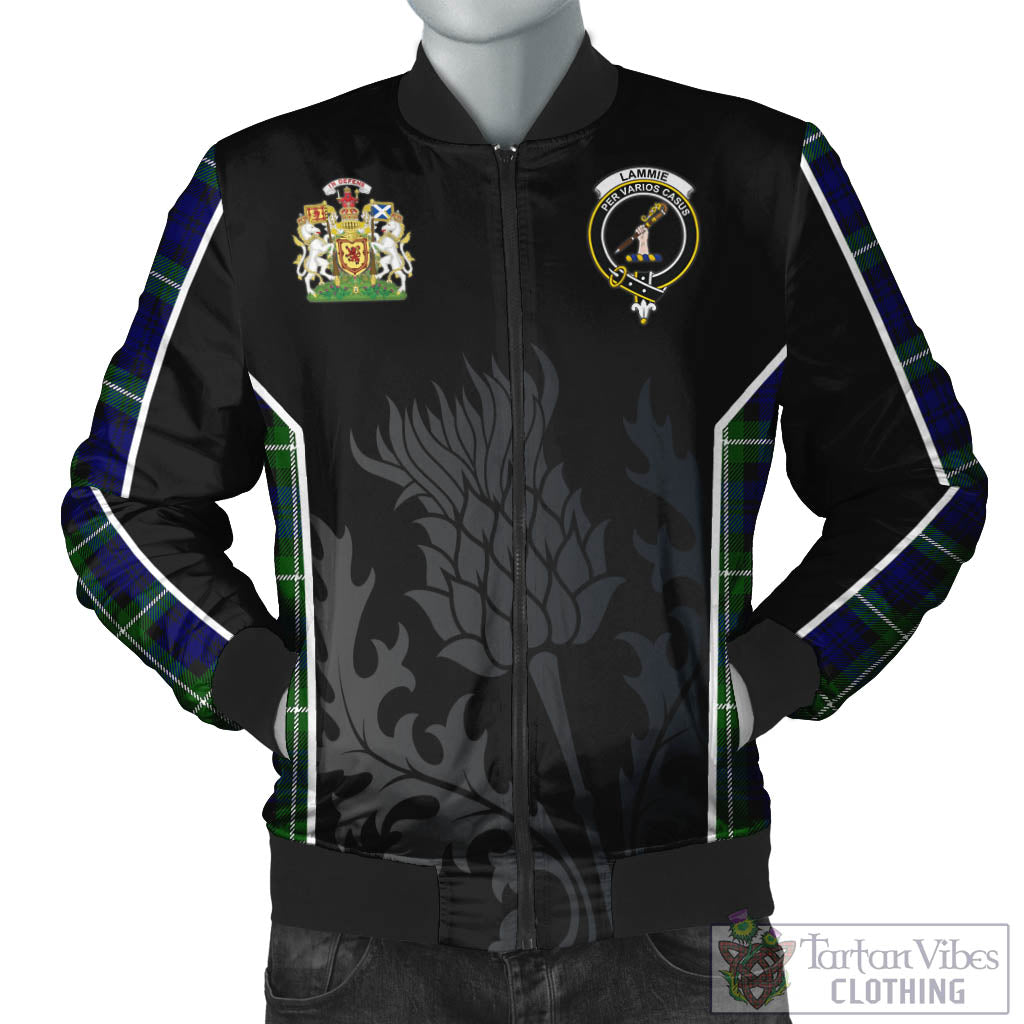 Lammie Tartan Bomber Jacket with Family Crest and Scottish Thistle Vibes Sport Style Unisex Black - Tartan Vibes Clothing