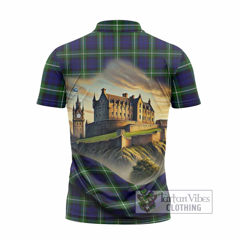 Lammie Tartan Family Crest Zipper Polo Shirt with Scottish Ancient Castle Style - Tartan Vibes Clothing