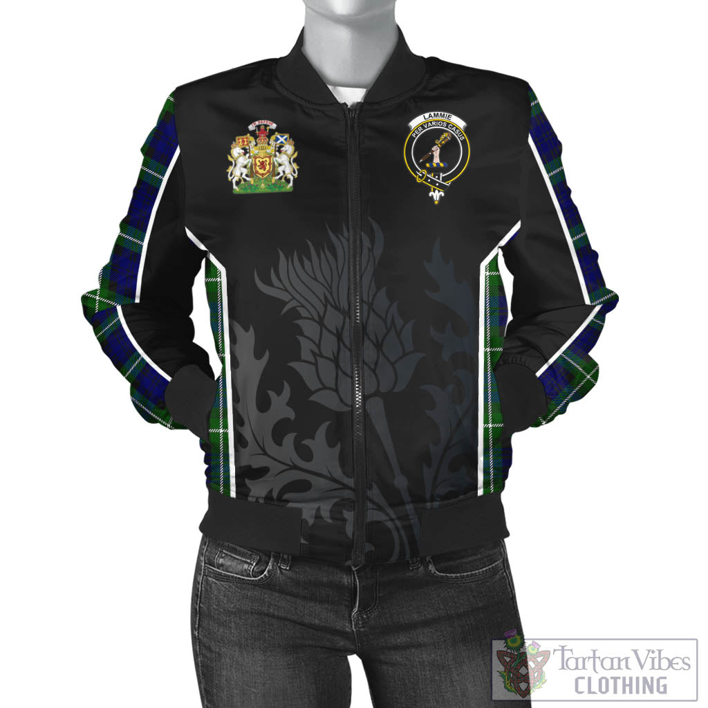 Lammie Tartan Bomber Jacket with Family Crest and Scottish Thistle Vibes Sport Style - Tartan Vibes Clothing