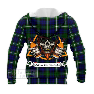 Lammie Tartan Knitted Hoodie with Family Crest and Bearded Skull Holding Bottles of Whiskey - Tartan Vibes Clothing