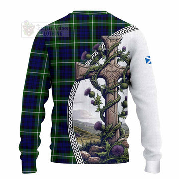 Lammie Tartan Knitted Sweater with Family Crest and St. Andrew's Cross Accented by Thistle Vines - Tartan Vibes Clothing