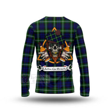 Lammie Tartan Long Sleeve T-Shirt with Family Crest and Bearded Skull Holding Bottles of Whiskey - Tartan Vibes Clothing