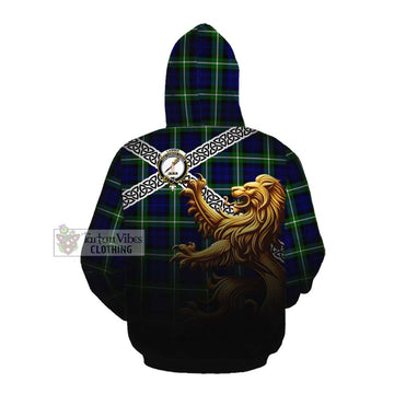 Tartan Vibes Clothing Lammie Crest Tartan Cotton Hoodie with Golden Lion Emblem Celtic Style