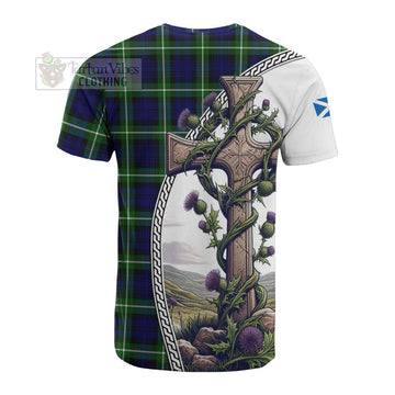Lammie Tartan Cotton T-shirt with Family Crest and St. Andrew's Cross Accented by Thistle Vines - Tartan Vibes Clothing
