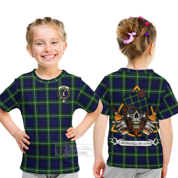 Lammie Tartan Kid T-Shirt with Family Crest and Bearded Skull Holding Bottles of Whiskey - Tartan Vibes Clothing