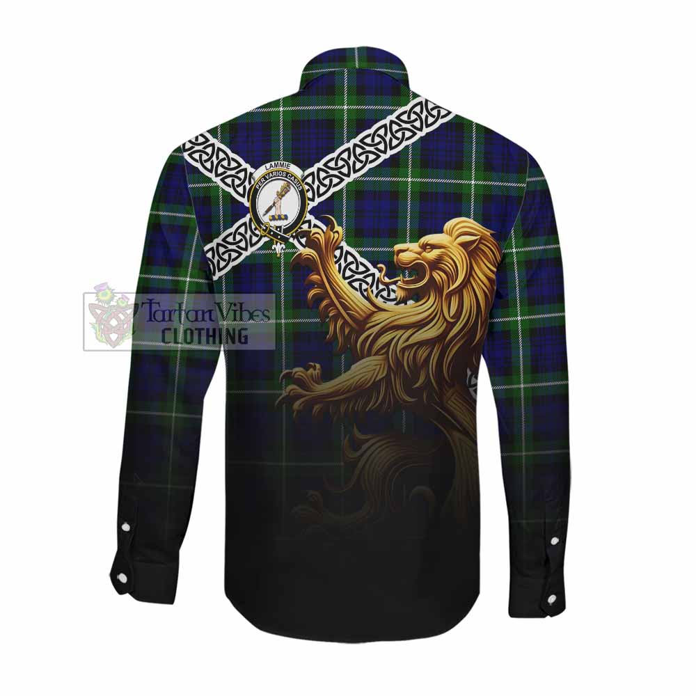 Lammie Crest Tartan Long Sleeve Button Shirt with Golden Lion Emblem Celtic Style Men's Shirt - Tartan Vibes Clothing