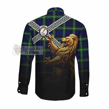 Lammie Crest Tartan Long Sleeve Button Shirt with Golden Lion Emblem Celtic Style Men's Shirt - Tartan Vibes Clothing