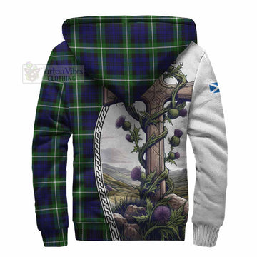 Lammie Tartan Sherpa Hoodie with Family Crest and St. Andrew's Cross Accented by Thistle Vines - Tartan Vibes Clothing