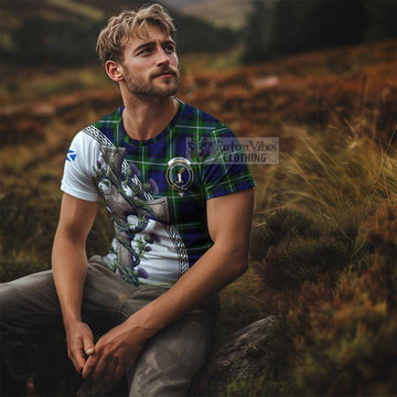 Lammie Tartan T-Shirt with Family Crest and St. Andrew's Cross Accented by Thistle Vines - Tartan Vibes Clothing