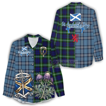 Lammie Tartan Women's Casual Shirt Happy St. Andrew's Day Half Tartan Style - Tartan Vibes Clothing