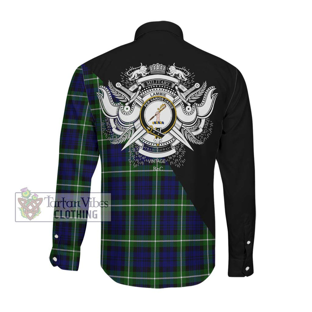 Lammie Tartan Long Sleeve Button Shirt with Family Crest and Military Logo Style Men's Shirt - Tartanvibesclothing Shop