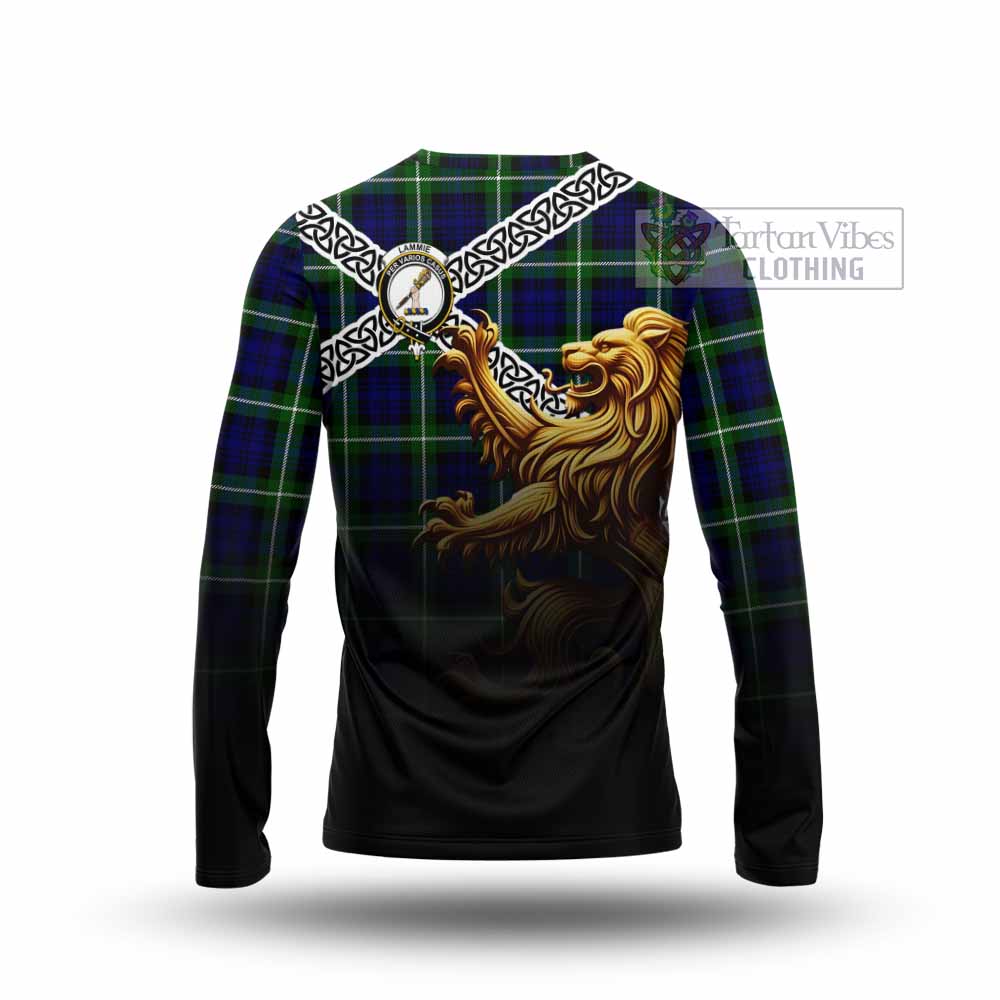 Lammie Crest Tartan Long Sleeve T-Shirt with Golden Lion Emblem Celtic Style - Tartan Vibes Clothing
