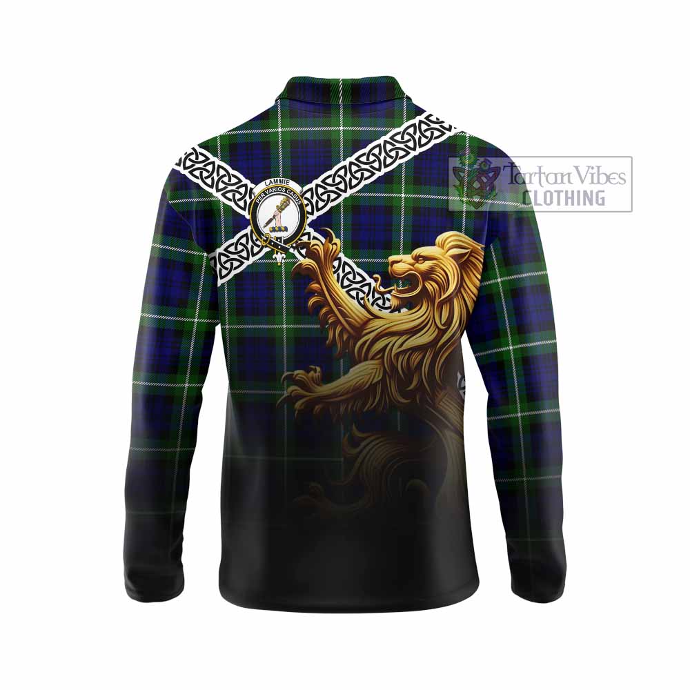 Lammie Crest Tartan Long Sleeve Polo Shirt with Golden Lion Emblem Celtic Style - Tartan Vibes Clothing