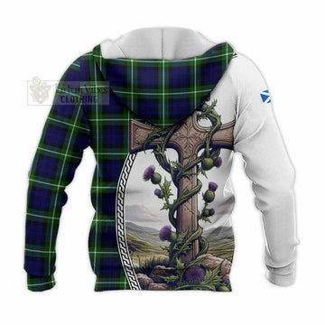 Lammie Tartan Knitted Hoodie with Family Crest and St. Andrew's Cross Accented by Thistle Vines - Tartan Vibes Clothing