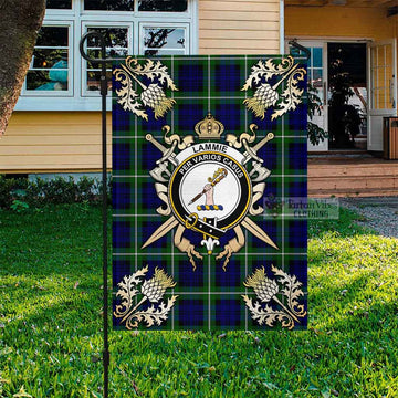 Lammie Tartan Garden Flag with Family Crest and Golden Thistle Crossed Sword Design