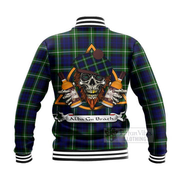 Lammie Tartan Baseball Jacket with Family Crest and Bearded Skull Holding Bottles of Whiskey - Tartan Vibes Clothing
