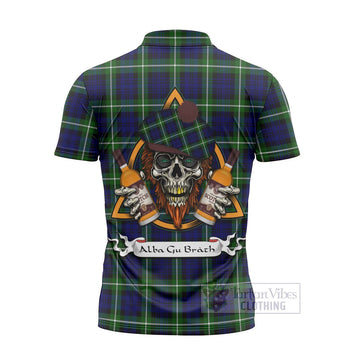 Lammie Tartan Zipper Polo Shirt with Family Crest and Bearded Skull Holding Bottles of Whiskey - Tartan Vibes Clothing
