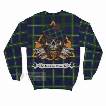 Lammie Tartan Sweatshirt with Family Crest and Bearded Skull Holding Bottles of Whiskey - Tartan Vibes Clothing