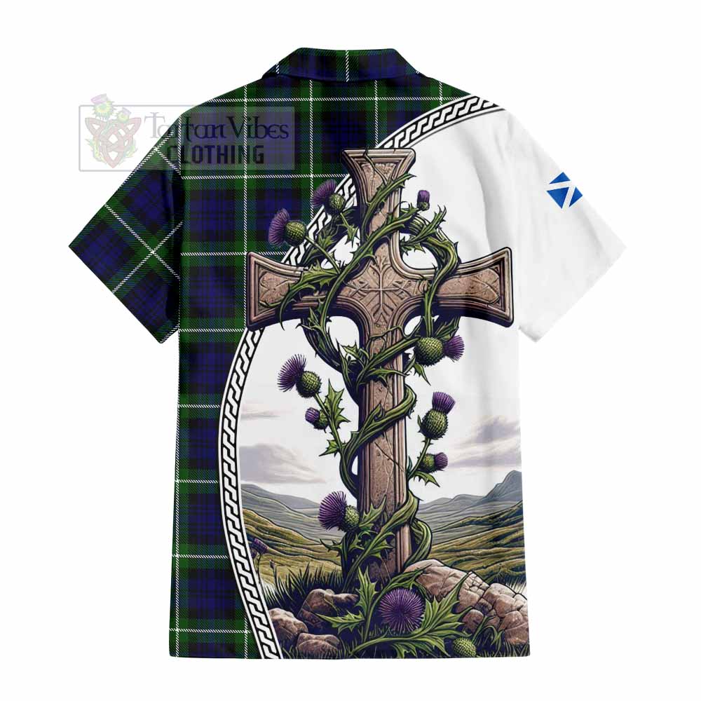 Lammie Tartan Hawaiian Shirt with Family Crest and St. Andrew's Cross Accented by Thistle Vines - Tartan Vibes Clothing