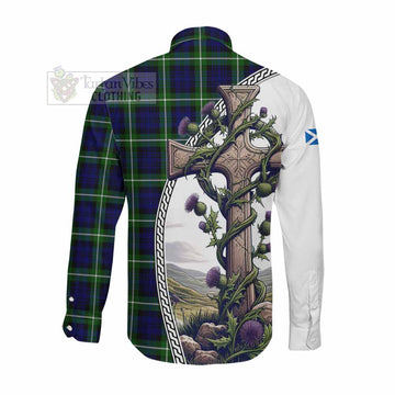 Lammie Tartan Long Sleeve Button Shirt with Family Crest and St. Andrew's Cross Accented by Thistle Vines Men's Shirt - Tartan Vibes Clothing