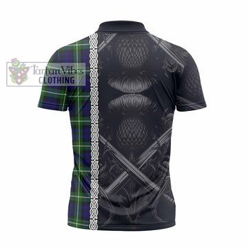 Lammie Tartan Zipper Polo Shirt with Family Crest Cross Sword Thistle Celtic Vibes - Tartan Vibes Clothing