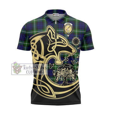 Lammie Tartan Zipper Polo Shirt with Family Crest Celtic Wolf Style - Tartan Vibes Clothing