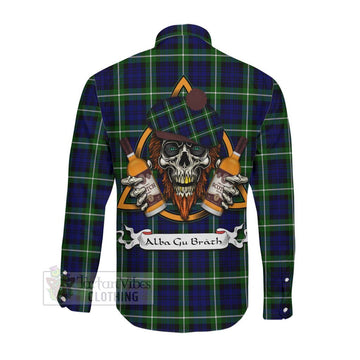 Lammie Tartan Long Sleeve Button Shirt with Family Crest and Bearded Skull Holding Bottles of Whiskey Men's Shirt - Tartan Vibes Clothing
