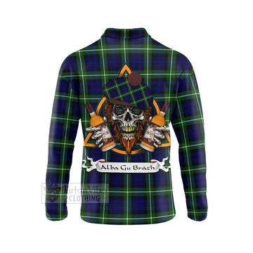 Lammie Tartan Long Sleeve Polo Shirt with Family Crest and Bearded Skull Holding Bottles of Whiskey - Tartan Vibes Clothing
