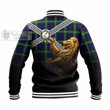 Tartan Vibes Clothing Lammie Crest Tartan Baseball Jacket with Golden Lion Emblem Celtic Style