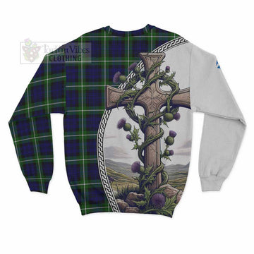 Lammie Tartan Sweatshirt with Family Crest and St. Andrew's Cross Accented by Thistle Vines - Tartan Vibes Clothing