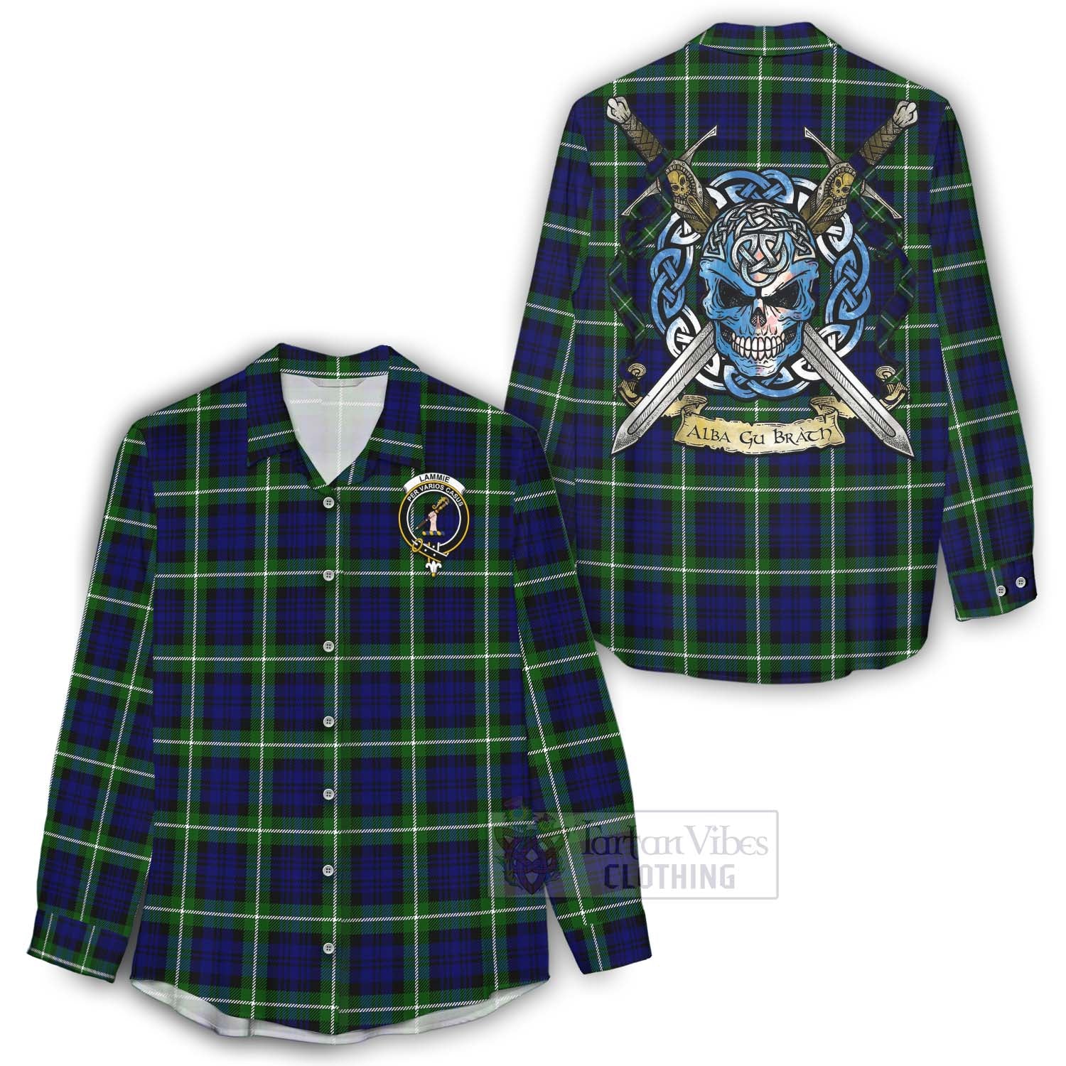 Lammie Tartan Women's Casual Shirt with Family Crest Celtic Skull Style - Tartan Vibes Clothing