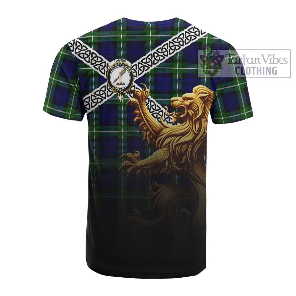 Lammie Crest Tartan Cotton T-shirt with Golden Lion Emblem Celtic Style - Tartan Vibes Clothing