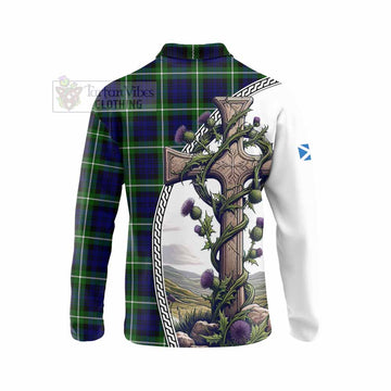 Lammie Tartan Long Sleeve Polo Shirt with Family Crest and St. Andrew's Cross Accented by Thistle Vines - Tartan Vibes Clothing