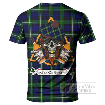 Lammie Tartan T-Shirt with Family Crest and Bearded Skull Holding Bottles of Whiskey - Tartan Vibes Clothing