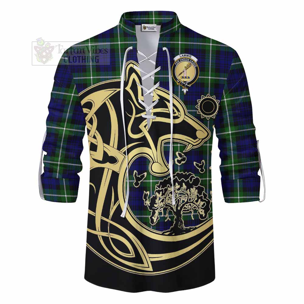 Lammie Tartan Ghillie Kilt Shirt with Family Crest Celtic Wolf Style - Tartan Vibes Clothing