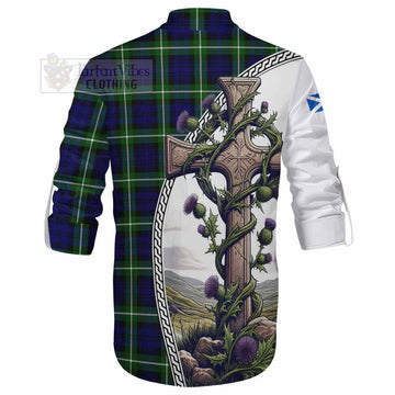 Lammie Tartan Ghillie Kilt Shirt with Family Crest and St. Andrew's Cross Accented by Thistle Vines - Tartan Vibes Clothing