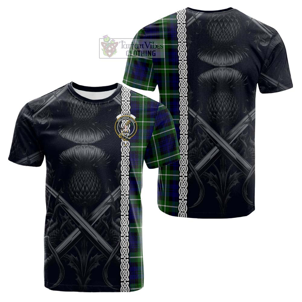 Lammie Tartan Cotton T-shirt with Family Crest Cross Sword Thistle Celtic Vibes - Tartan Vibes Clothing