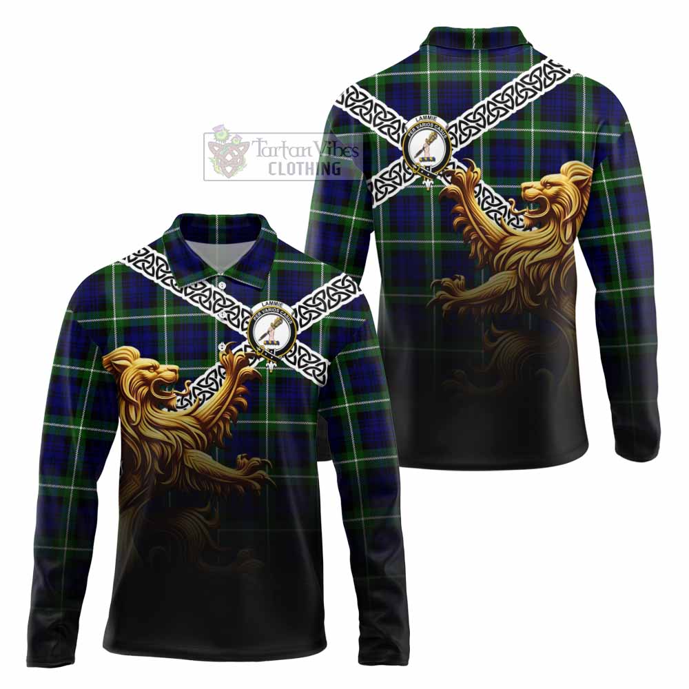 Lammie Crest Tartan Long Sleeve Polo Shirt with Golden Lion Emblem Celtic Style - Tartan Vibes Clothing