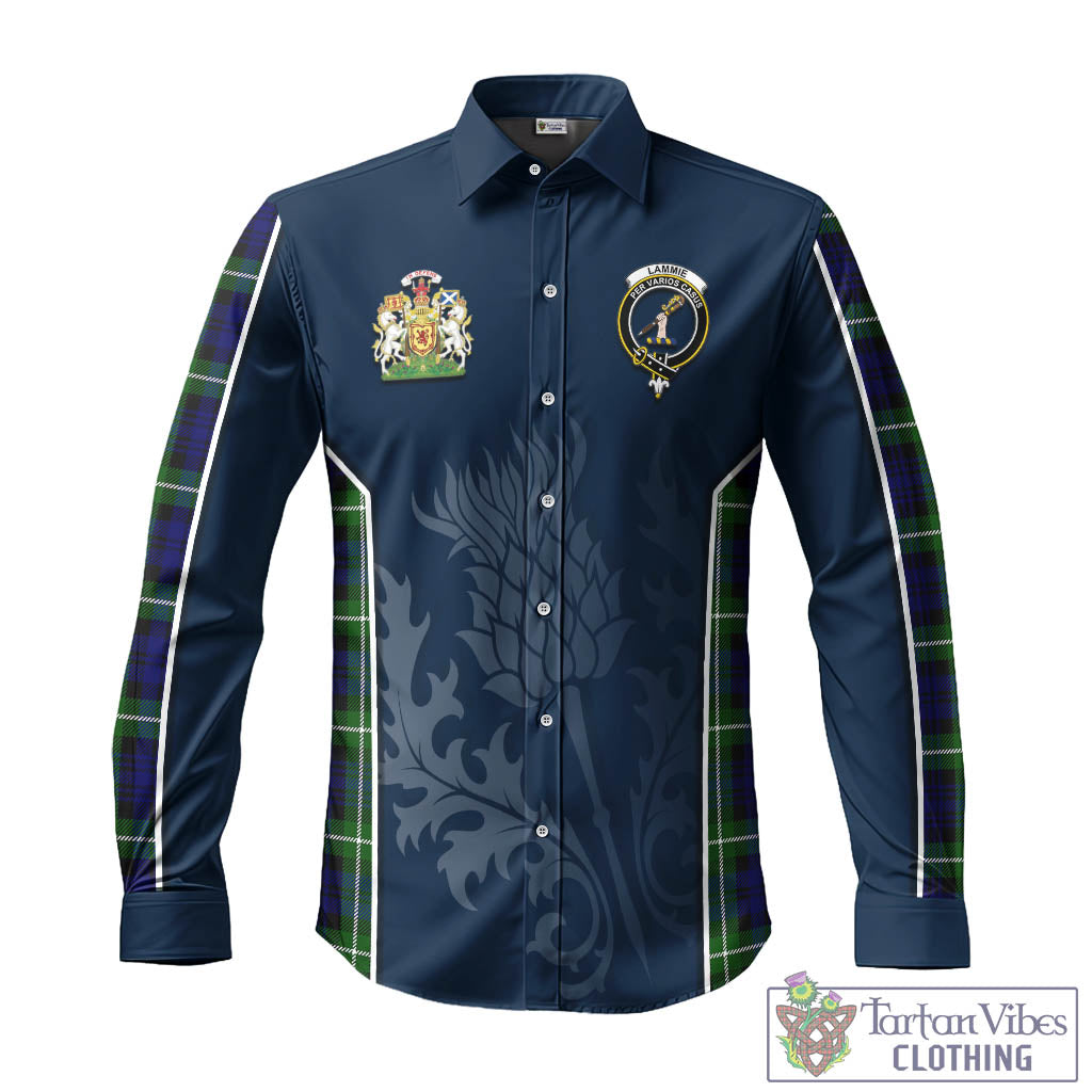Tartan Vibes Clothing Lammie Tartan Long Sleeve Button Up Shirt with Family Crest and Scottish Thistle Vibes Sport Style