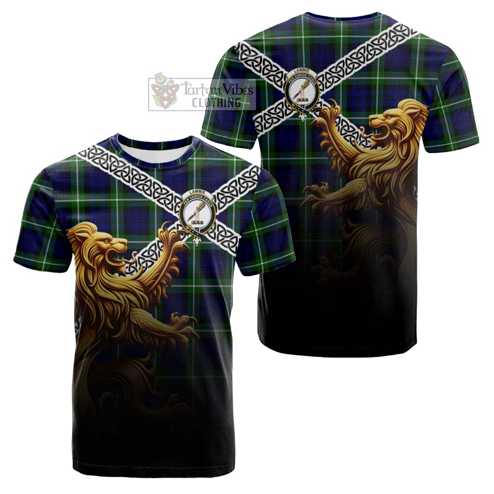 Lammie Crest Tartan Cotton T-shirt with Golden Lion Emblem Celtic Style - Tartan Vibes Clothing