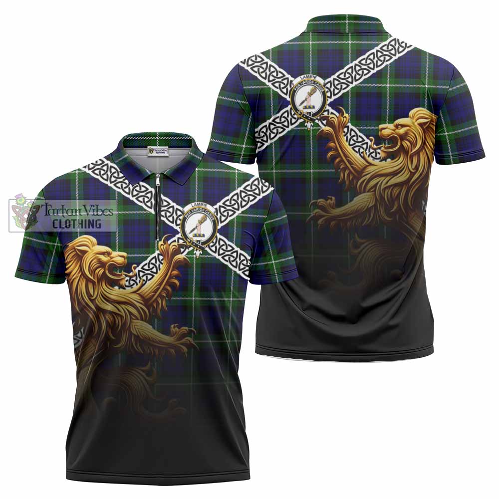 Lammie Crest Tartan Zipper Polo Shirt with Golden Lion Emblem Celtic Style - Tartan Vibes Clothing