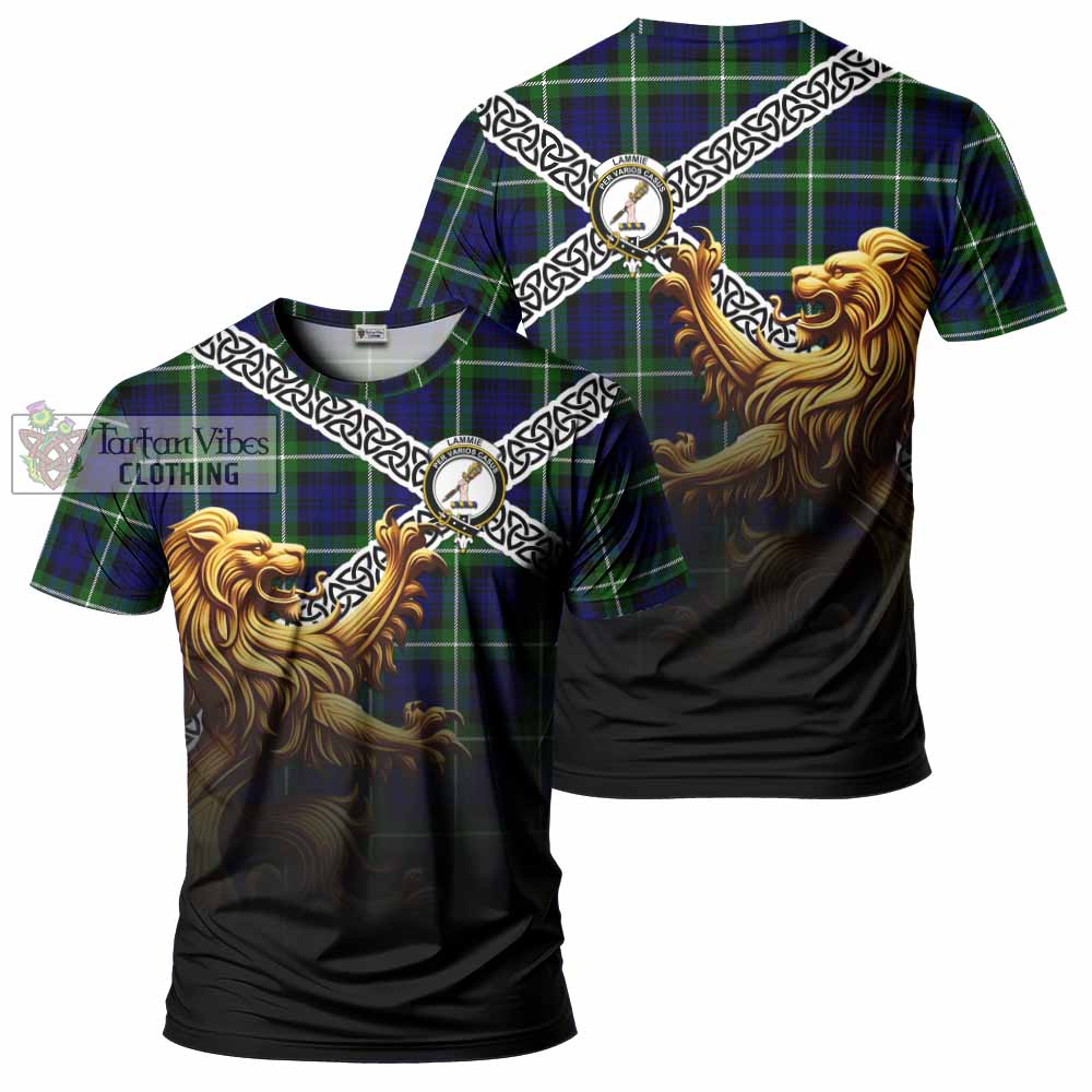 Lammie Crest Tartan T-Shirt with Golden Lion Emblem Celtic Style - Tartan Vibes Clothing
