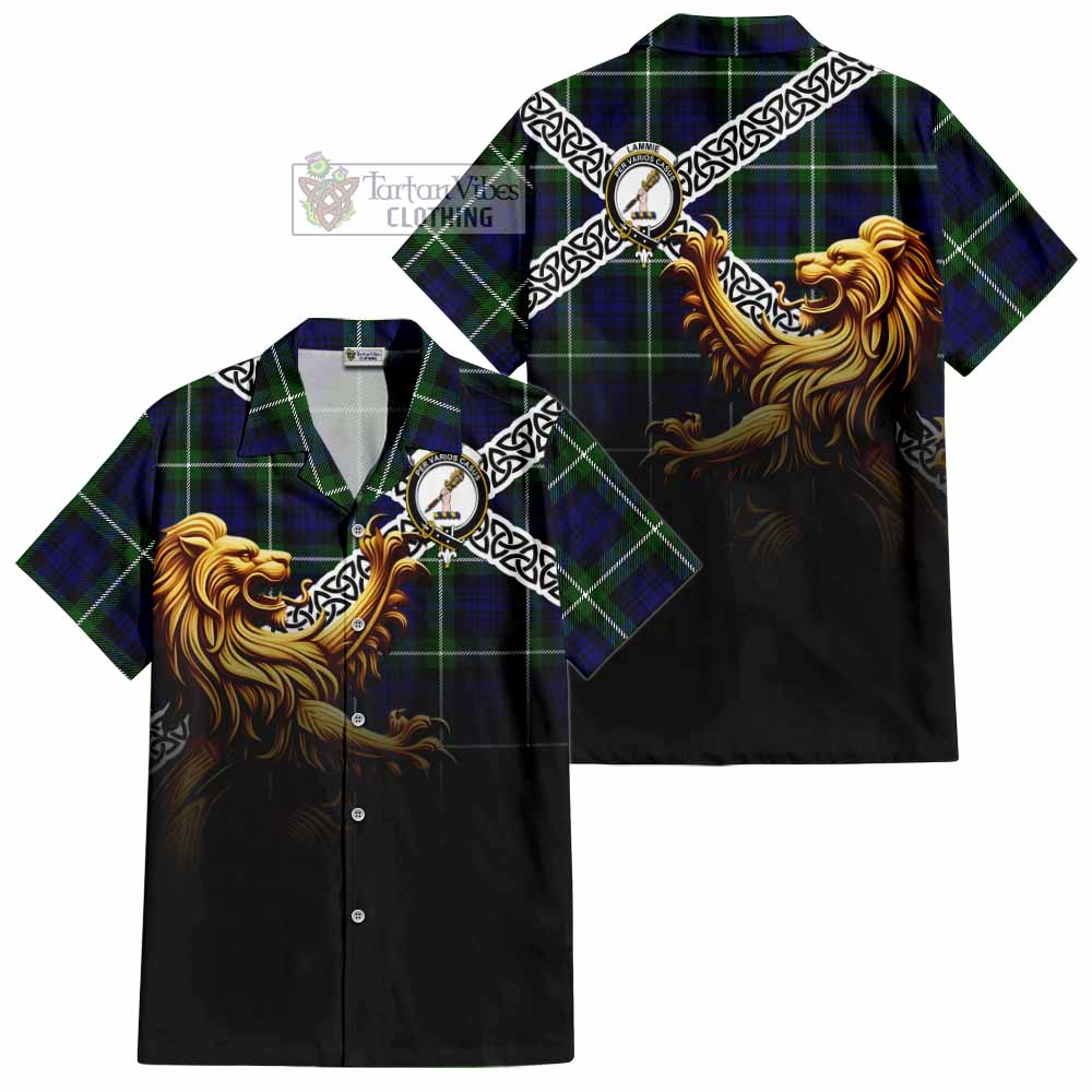 Lammie Crest Tartan Hawaiian Shirt with Golden Lion Emblem Celtic Style - Tartan Vibes Clothing