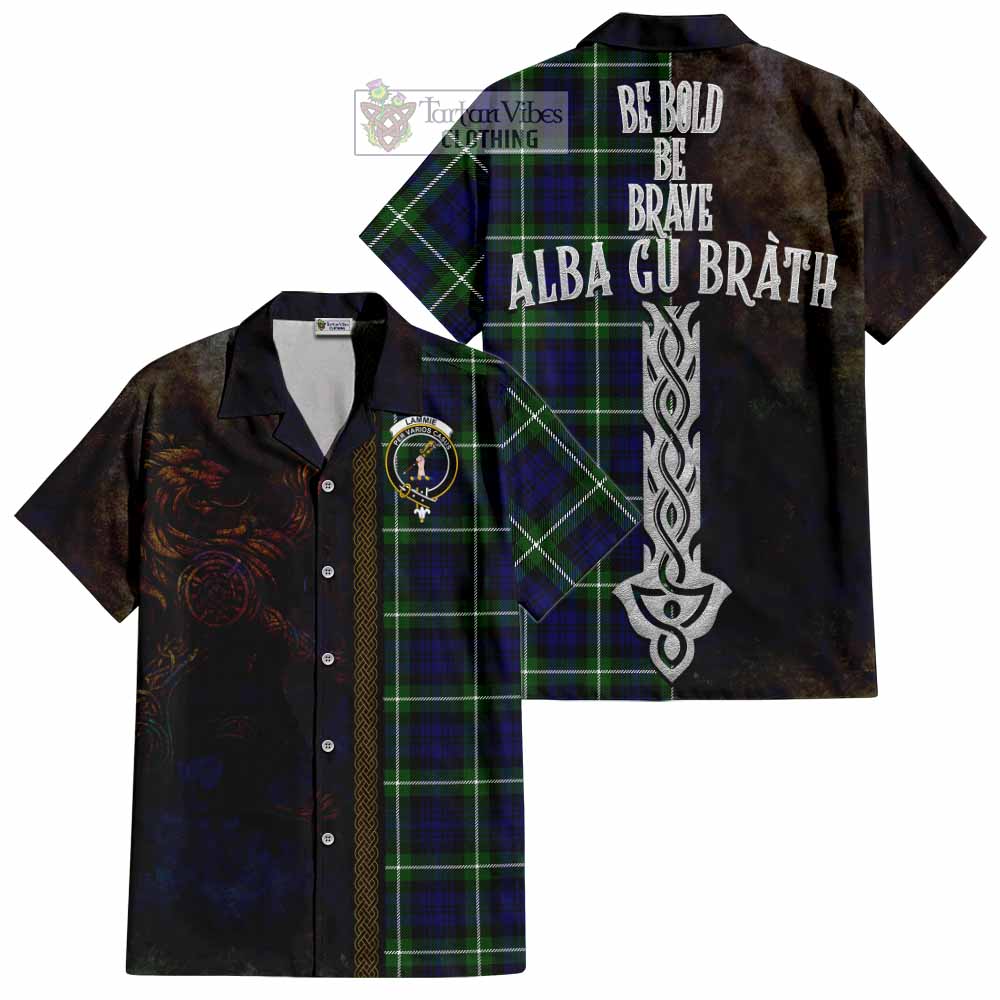 Tartan Vibes Clothing Lammie Tartan Family Crest Short Sleeve Button Shirt Alba Gu Brath Be Brave Lion Ancient Style